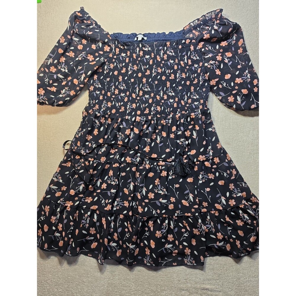 Baltic Born Chiffon Floral Off The Shoulder Smocked Dress Tassel Accent